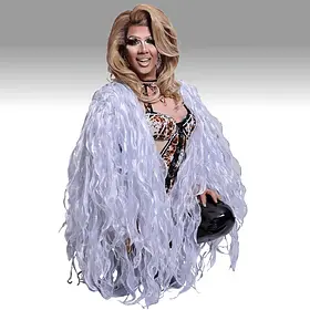Ethereal Elegance: Dramatic White Ruffled Cape Drag Glamour A drag queen with voluminous blonde hair wearing a leopard-print bodysuit under an oversized, white ruffled organza cape, holding a black accessory against a grey gradient background