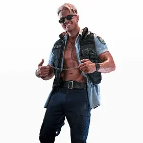 Smiling Male Performer with Handcuffs. A muscular male entertainer with blonde hair wearing sunglasses and an open police uniform with a tactical vest, holding a set of silver handcuffs while smiling against a white background.