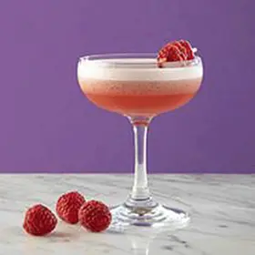 Raspberry Drop Martini. A vibrant pink Raspberry Drop cocktail in a coupe glass with a foamy white top, garnished with a fresh raspberry, set against a purple background.