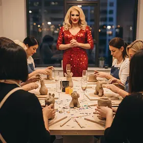 A group of women sit around a large table sculpting clay while a drag queen in a sparkly red sequinned dress stands at the head of the table in a high-rise studio overlooking the city at night.