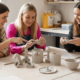 Three women laughing and gesturing toward various grey clay sculptures, including a phallic shape and a breast-adorned mug, during a pottery workshop in a bright studio.