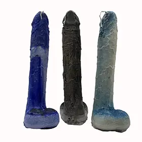 Three extra-large hand-poured phallic candles from a risqué candle making class, featuring textured finishes in vibrant blue, charcoal black, and pale marble. These creative hens party activities are available for mobile bookings Australia-wide.