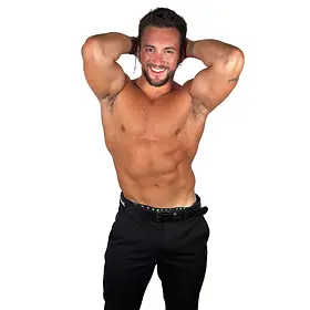 Premium Topless Waiters & Hens Night Entertainment in Sydney A muscular, smiling topless waiter posing for a Sydney hens party entertainment service.