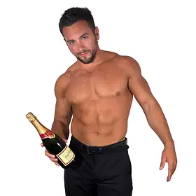A fit, shirtless male waiter in Sydney holding a bottle of Grandin champagne by his side with a focused expression. He provides premium topless hosting, professional beverage service, and bachelorette party entertainment for hens nights across Sydney and New South Wales.