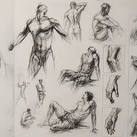 Gesture life drawing sketches Charcoal-style life drawing sketchbook page featuring standing, seated and reclining male figure studies, close-up hand drawings and anatomy observations. The loose expressive lines demonstrate gesture drawing techniques.