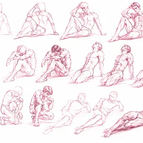 Step-by-step life drawing studies demonstrating how artists build a human figure using simple shapes, cylinders and gesture lines before refining anatomy, proportions, muscles and shading.