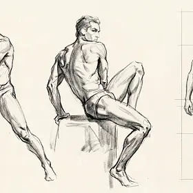 Pencil life drawing studies featuring a male model in standing, seated and contrapposto poses. The sketches demonstrate observation skills, body proportions, weight distribution, anatomy, perspective and body angles.
