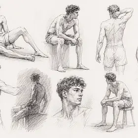 Life drawing shading and observation studies Pencil life drawing sketchbook page showing multiple observational studies including seated male figure poses, portrait sketches, hand drawings, arm anatomy and detailed shading exercises.