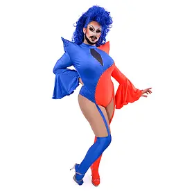 Queensland drag queen Asphyxia wearing a bold blue and red stage costume with a vibrant blue wig in a white studio portrait.